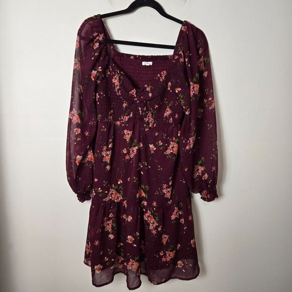 Maurices Size M Floral Arbor Smocked Berry Wine Long Puff Sleeve Dress Knee Leng - Picture 3 of 12